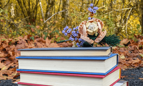 A stack of books with a peach and blue Lego flower on top of them.